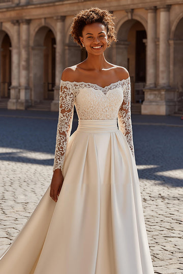 Satin Ivory A-Line Off The Shoulder Wedding Dress With Lace